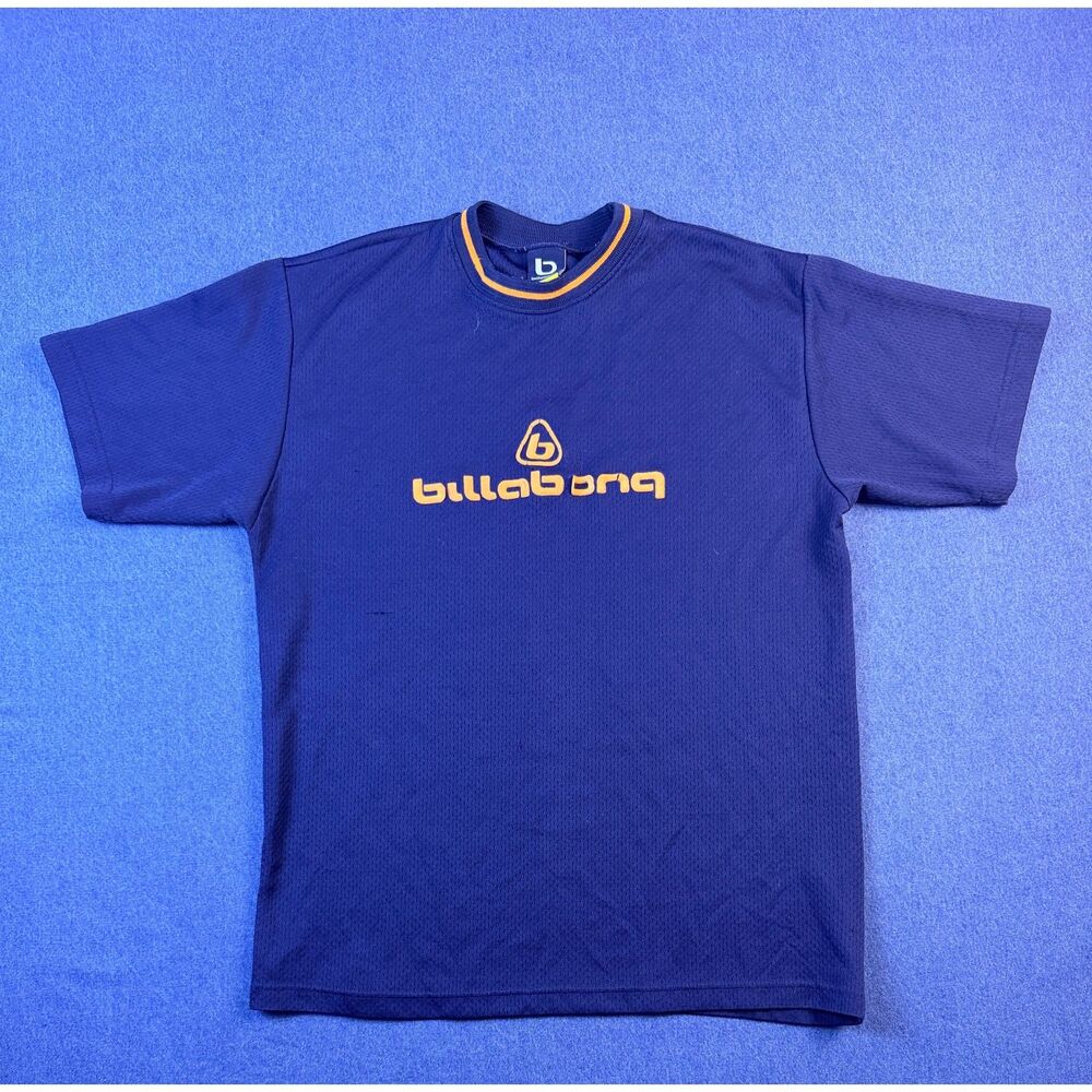 Vintage Billabong Men’s Navy Mesh Logo T Shirt Yellow Spellout Surf Skate